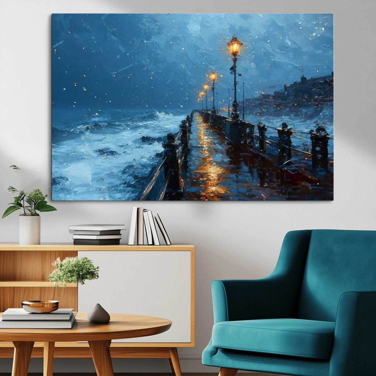 Stormy Night at Beach Pier Oil Painting Large Wall Art