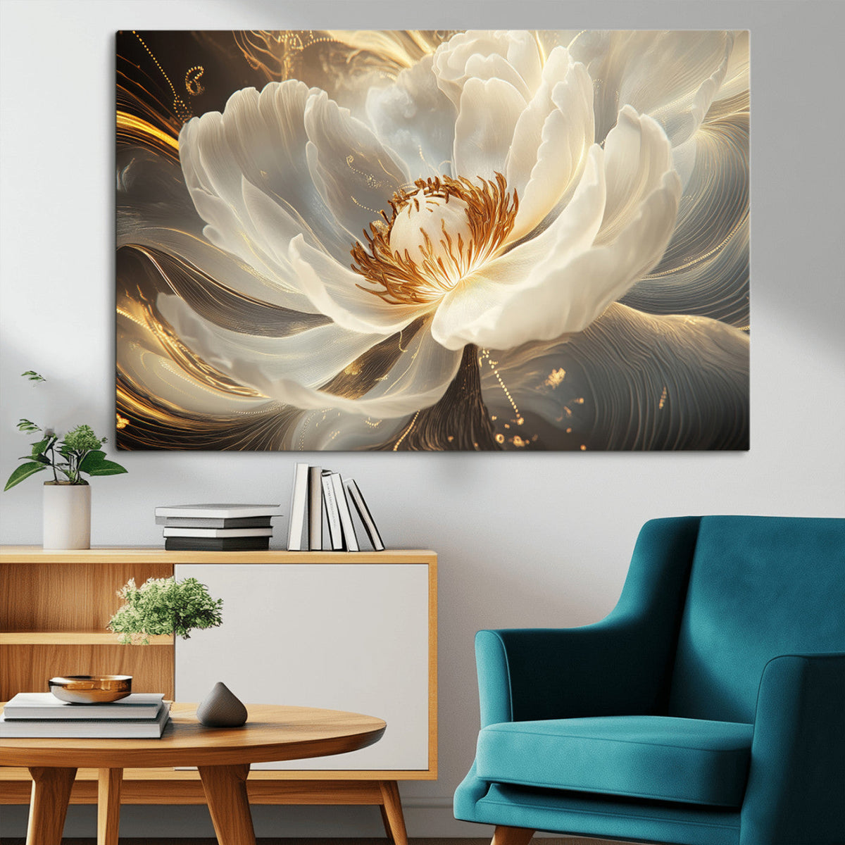 Gold Floral Wall Art Canvas Print, Framed Modern Flower Art
