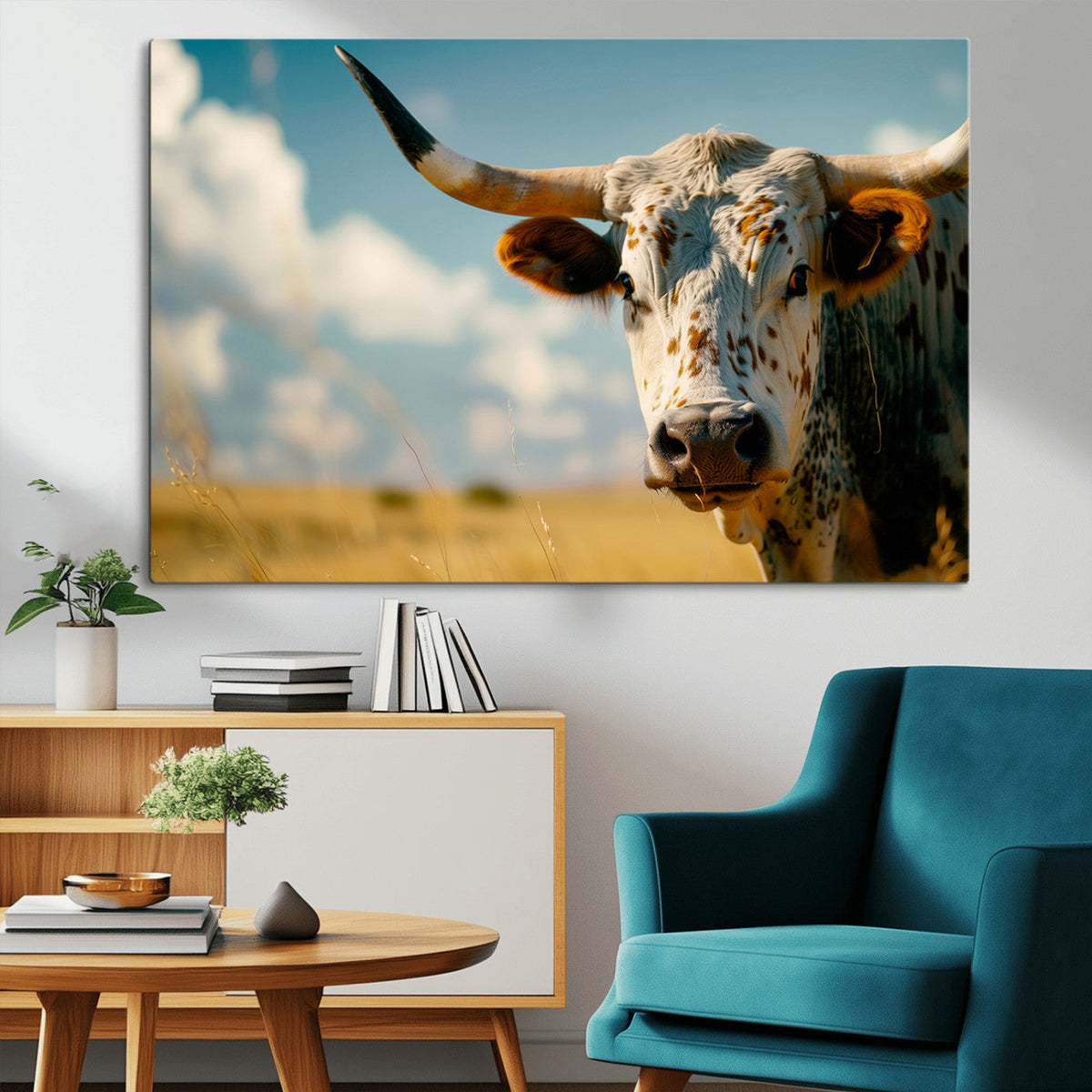 Longhorn in the Prairie - Stunning Ranch-Style Triptych Wall