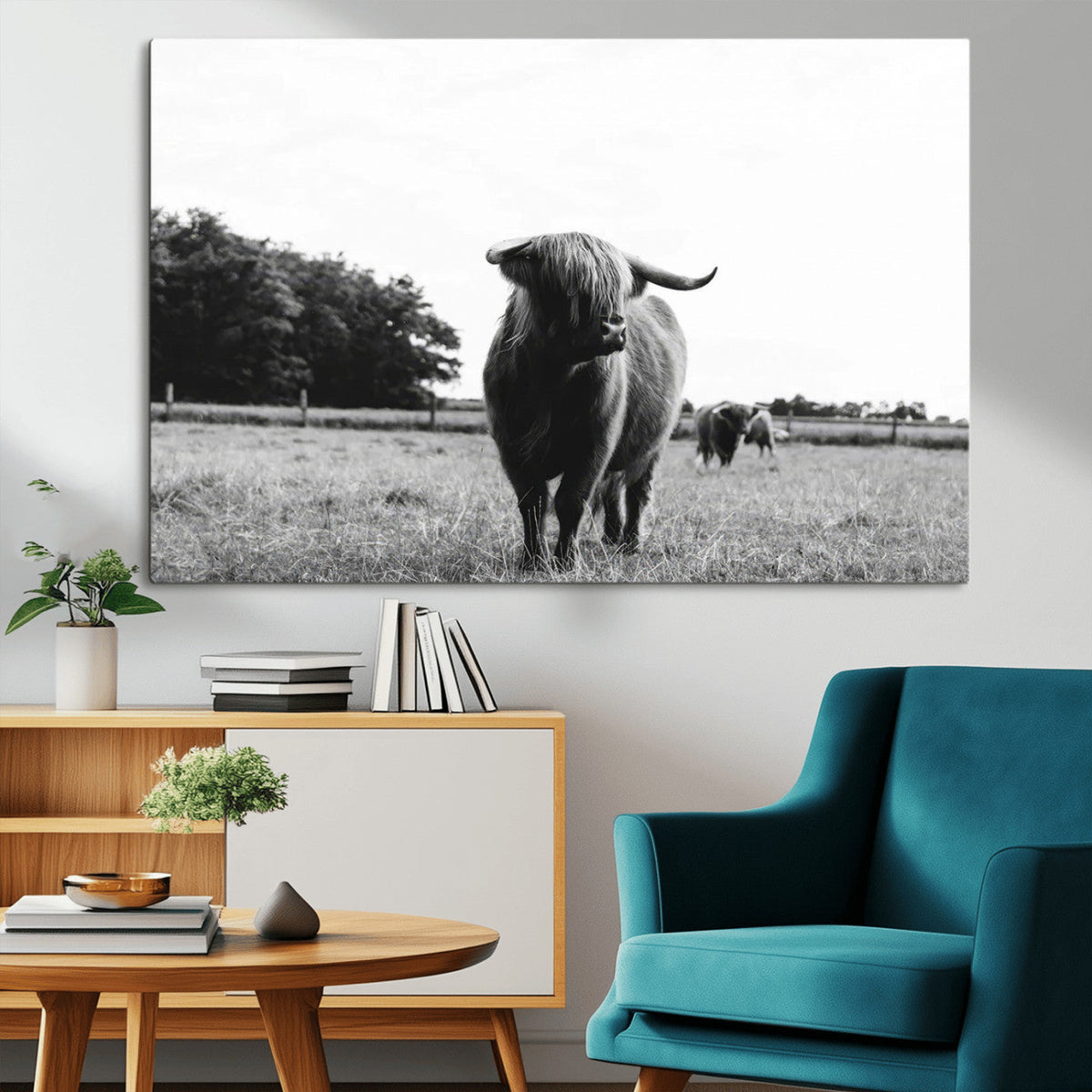 Black and White Highland Cow Wall Art Canvas Print | Rustic