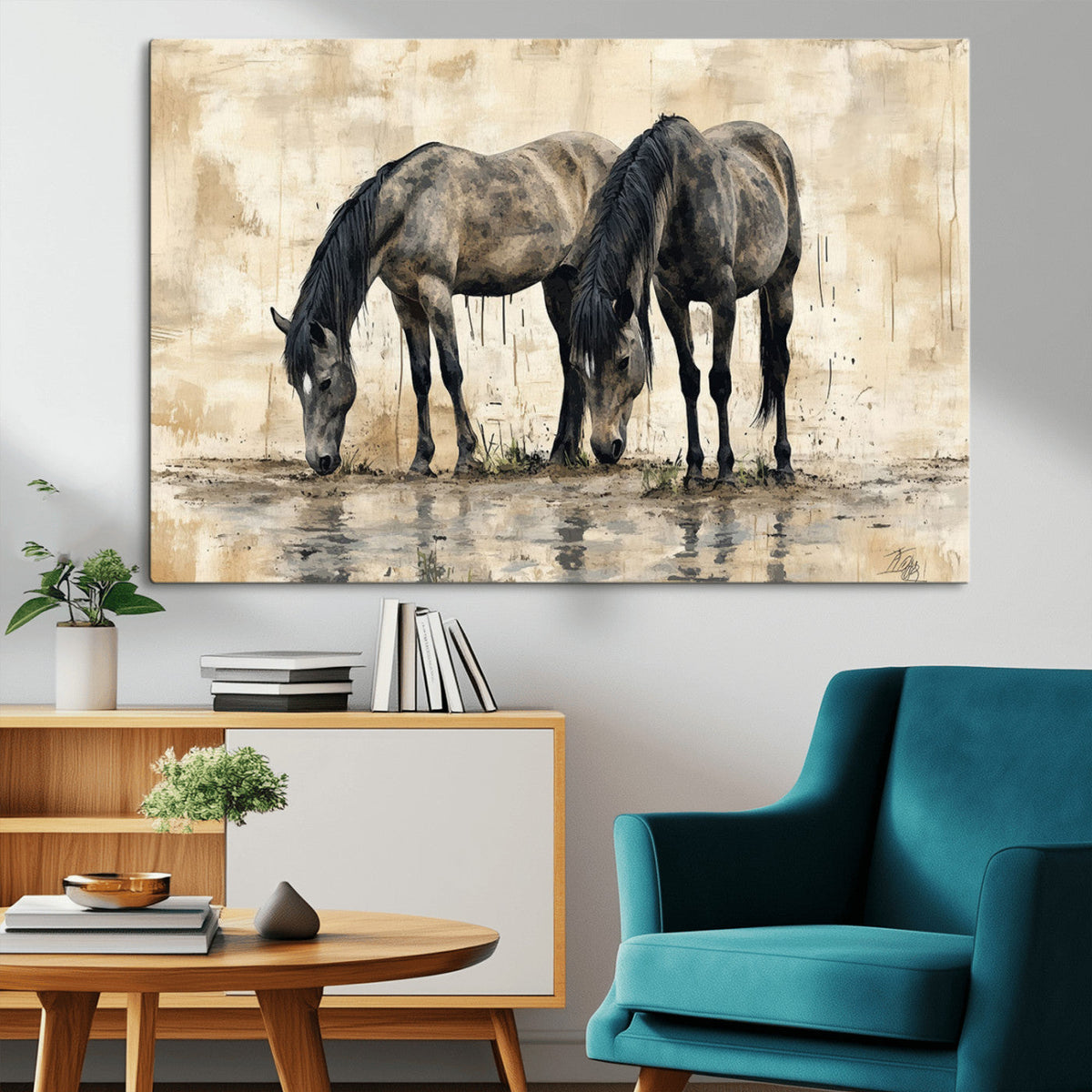 Chinese Style Abstract Black Horses Wall Art Canvas Print -