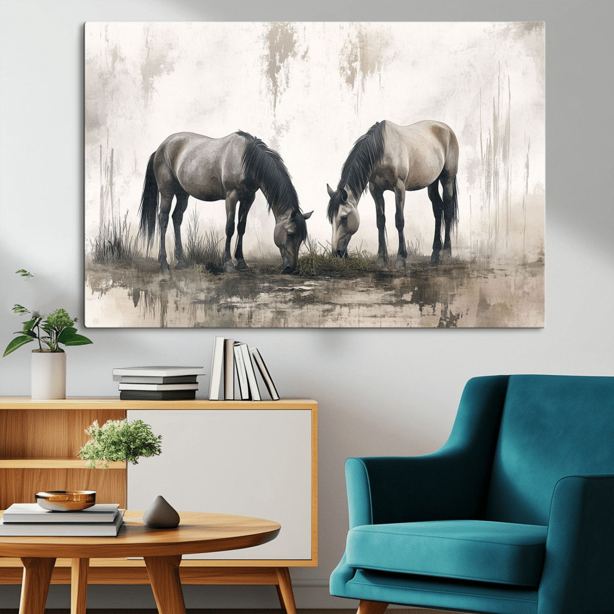 Chines Ink Style Vintage Horses Wall Art Canvas Print for