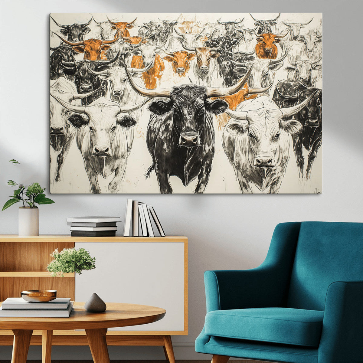 Farmhouse Wall Art | Western Longhorn Cattle Canvas Print |