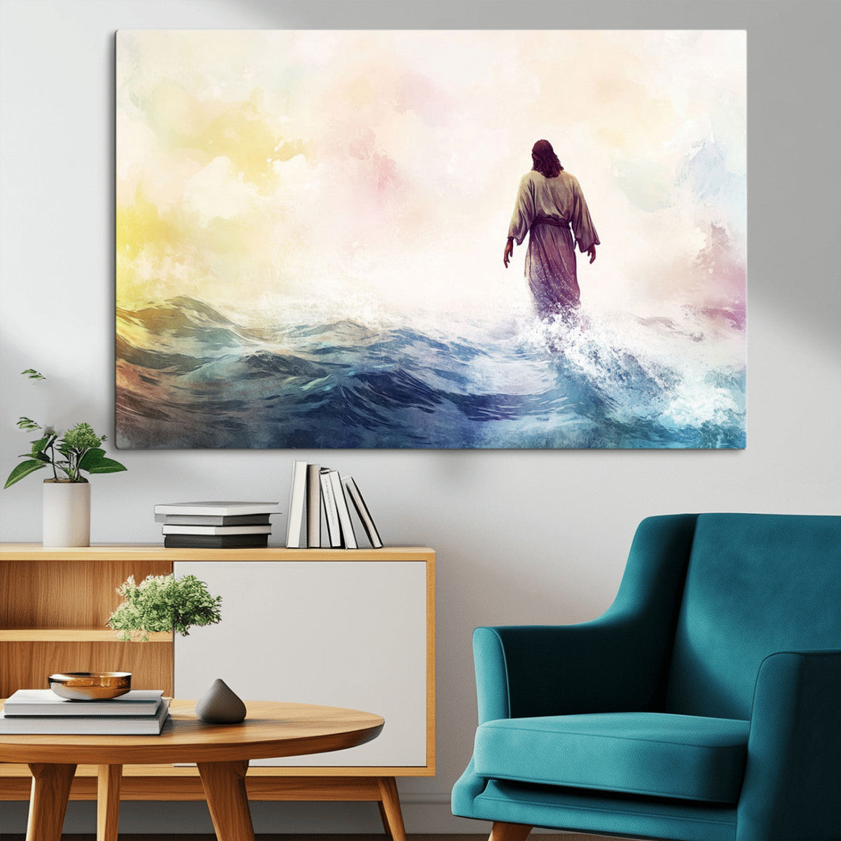 Watercolor Jesus Walking on Water Canvas Print, Christian