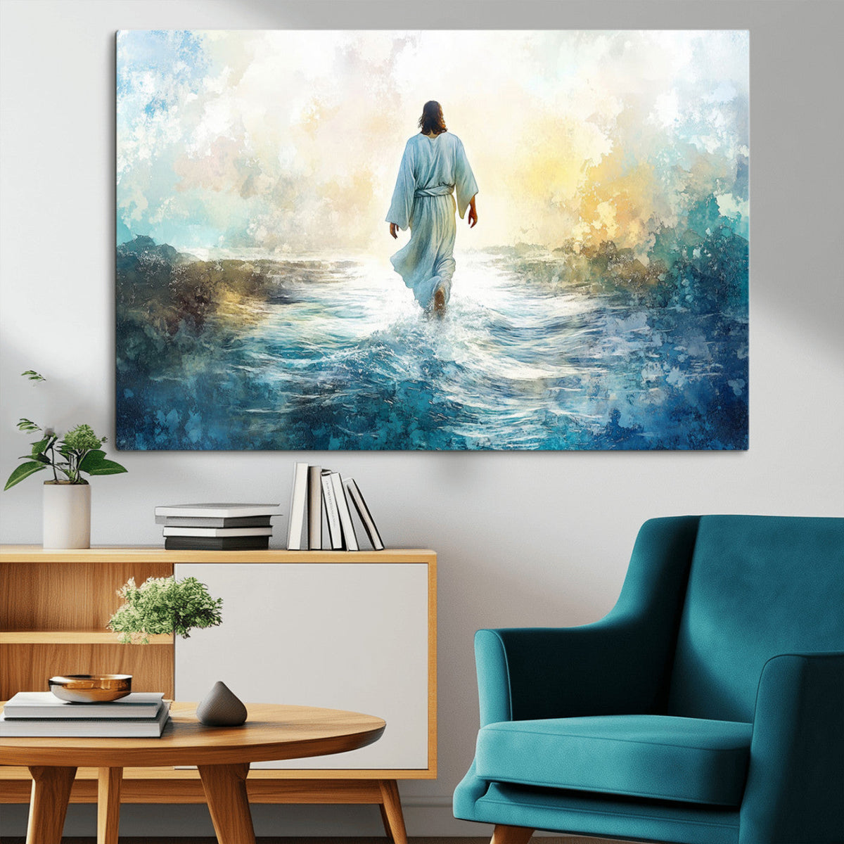 Watercolor Jesus Walking on Water Canvas Print, Christian