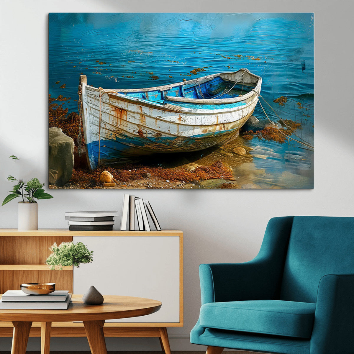 Vintage Boat on Tranquil Waters | Coastal Wall Art for
