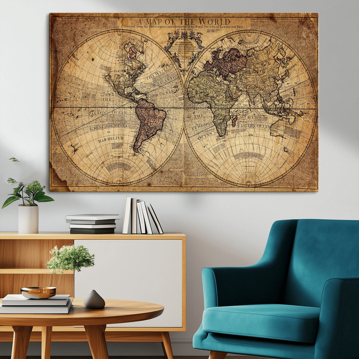 Vintage World Map Wall Art Canvas – Antique Style Push Pin