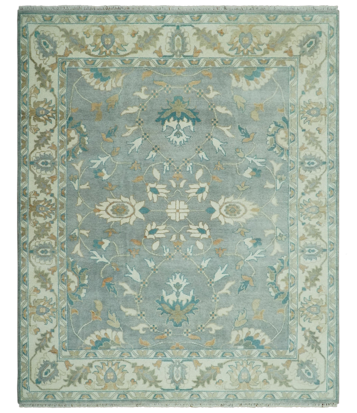 8x10 Traditional Floral Silver and Ivory Hand Knotted wool area rug