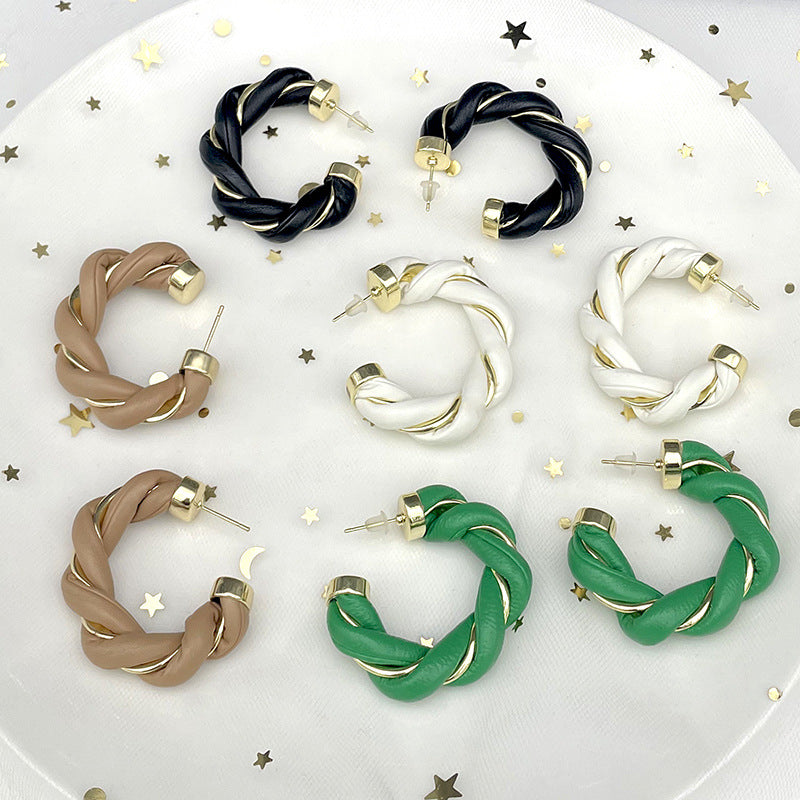 Gold-Plated Twisted Leather Hoop Earrings with Gift Pouch