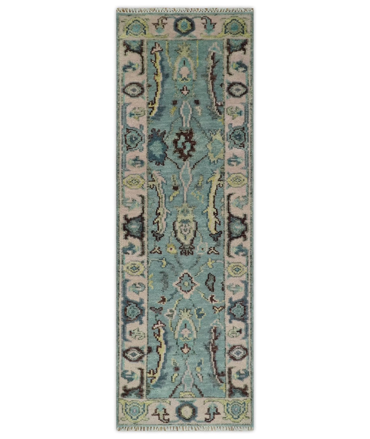 Custom Made Runner Seafoam And Peach Oushak Hand Knotted Wool Rug