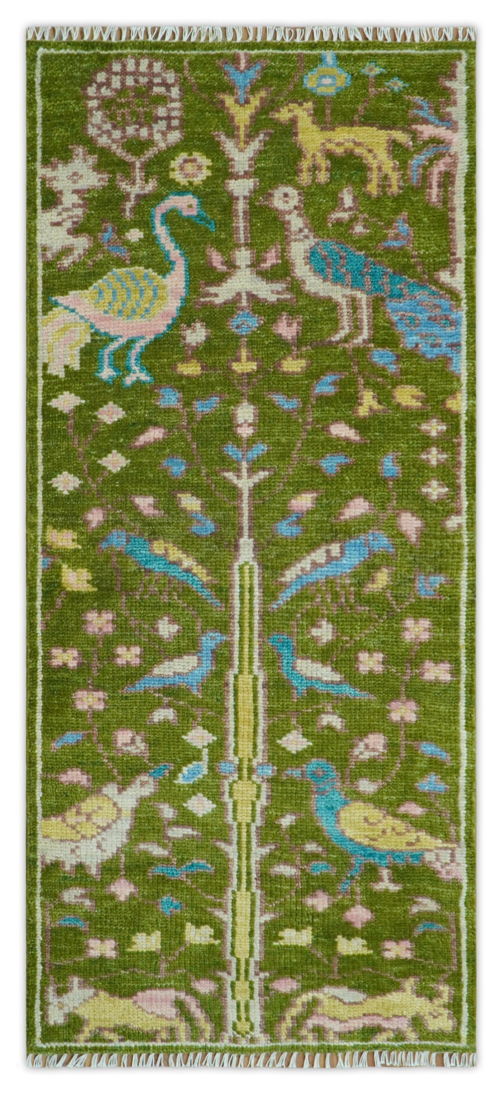 Custom Made Hand Knotted Jungle Life Peacock Green Runner Wool Rug