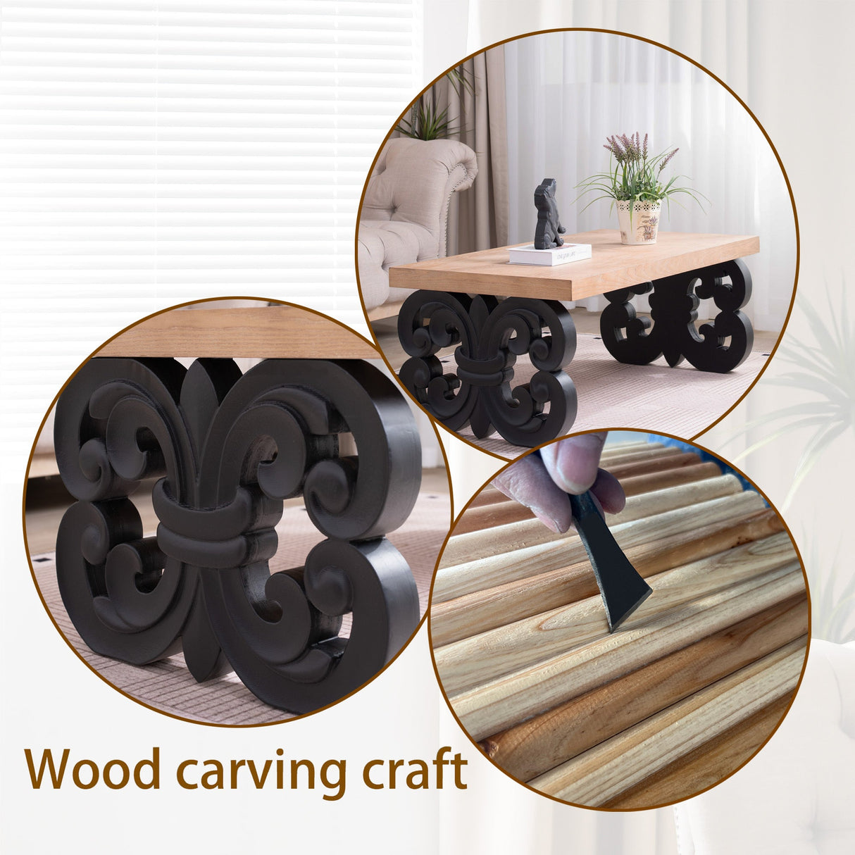 Black Scroll Base Coffee Table – 47' Rectangular Wood Living Room Table with Natural Top – Modern Farmhouse Accent Table – Elegant Centerpiece with Ornate Carved Design