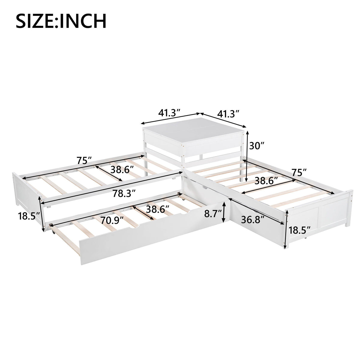 L Shaped Platform Bed With Trundle And Drawers Linked With Built In Desk