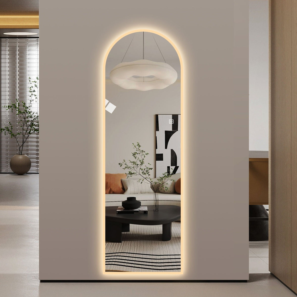 LED Full Length Wall Mirror With Symmetrical Arch Design, Dimmable 3 Color Temperature Lighting - Silver