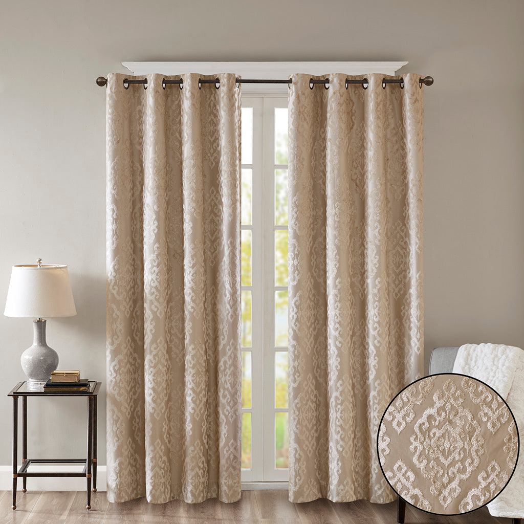 Knitted Jacquard Damask Total Blackout Grommet Top Curtain Panel (Only 1 Pc Panel)