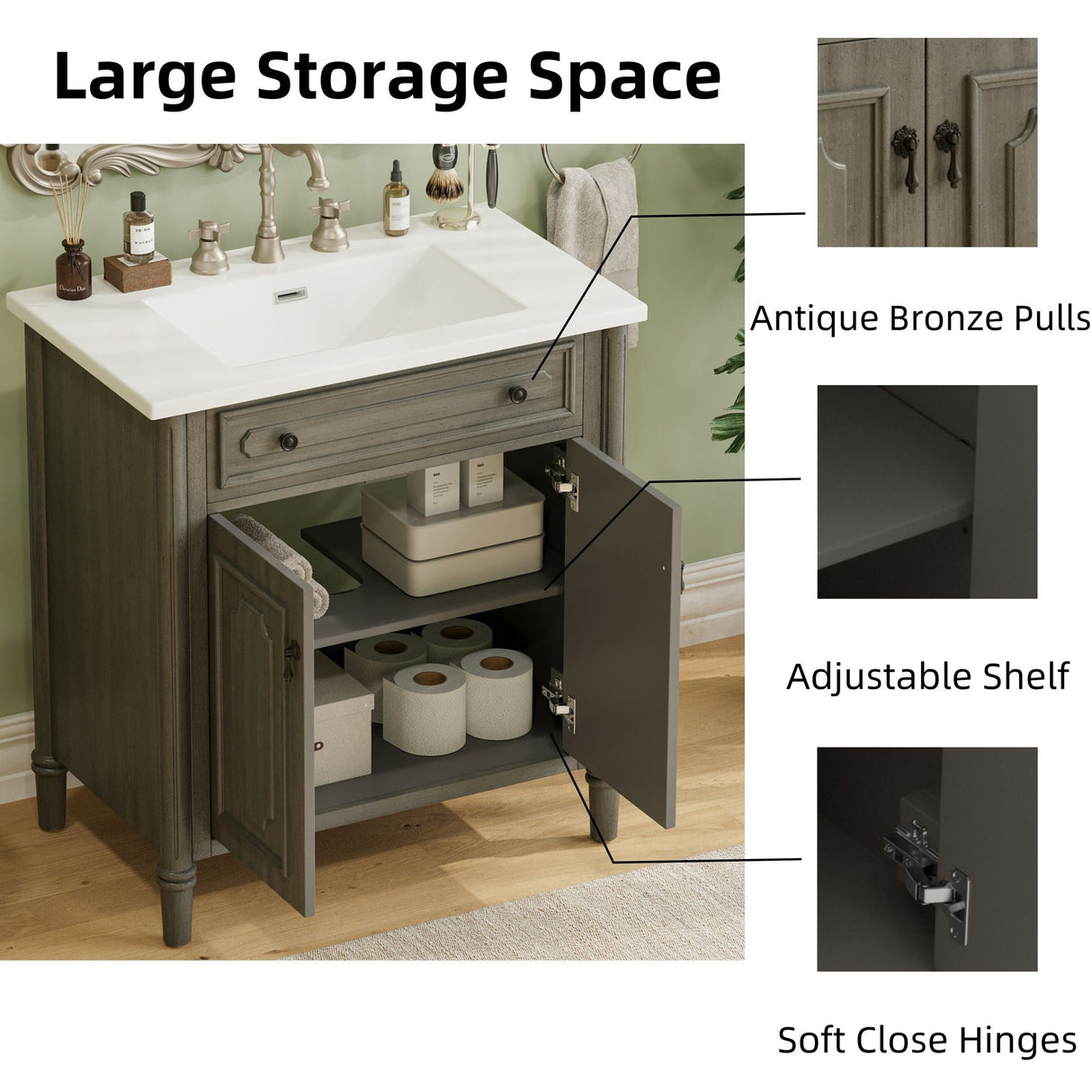 Vintage Bathroom Vanity With Sink, Rustic Cabinet With Soft Close Doors