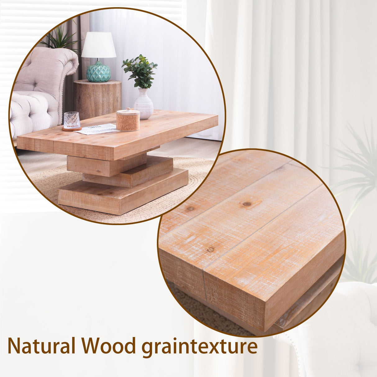 Modern Rustic Coffee Table – Rectangular Wood Center Table for Living Room