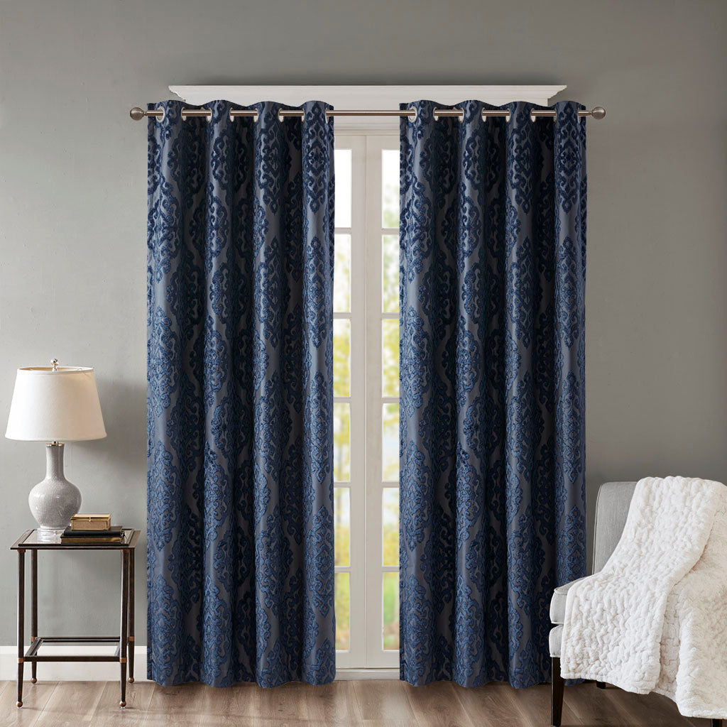 Knitted-jacquard-damask-total-blackout-grommet-top-curtain-panel-(only-1-pc-panel)-Curtains-&-Drapes