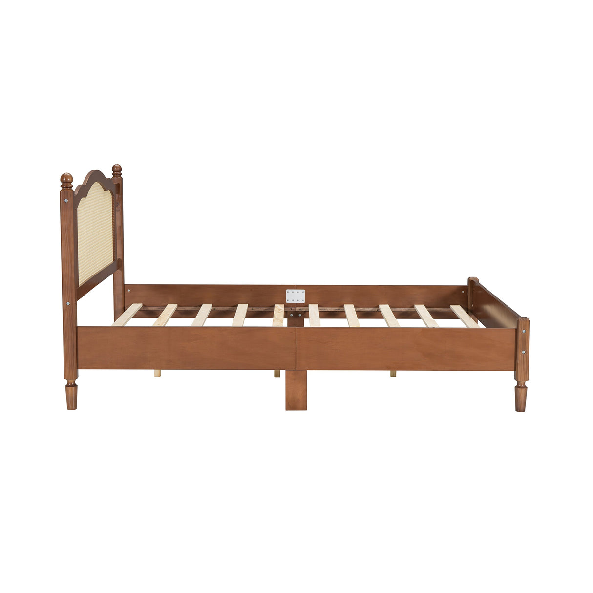Queen Size Wooden Platform Bed with Natural Rattan Headboard