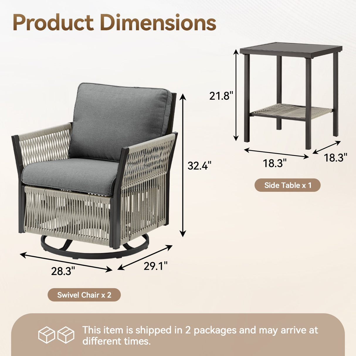 Swivel Outdoor Chairs Set of 2 with Side Table, 3 Pieces Wicker Furniture Set
