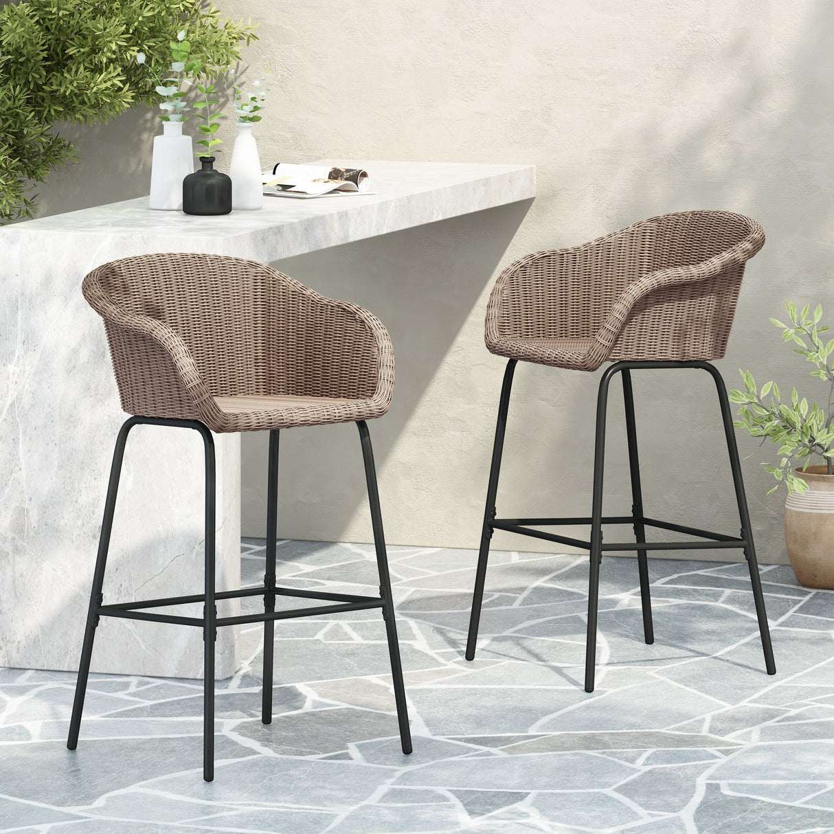 Ladd Outdoor Metal Wicker Barstool Set of 2