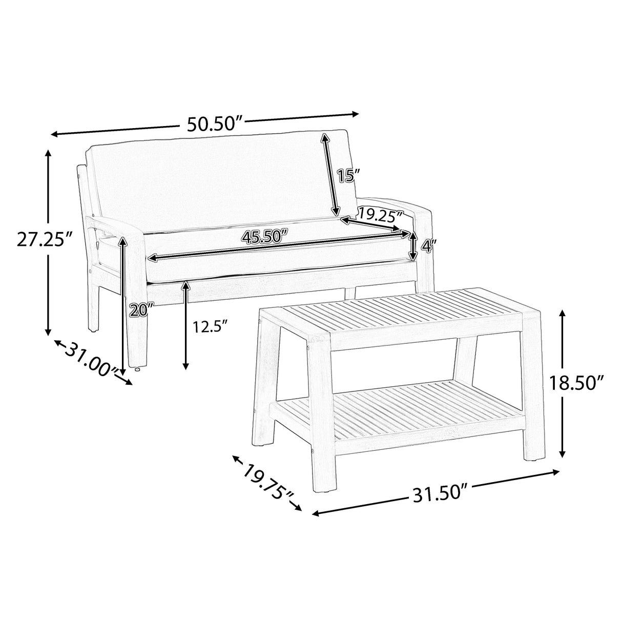 2-Piece Outdoor Teak Acacia Wood Conversation Set