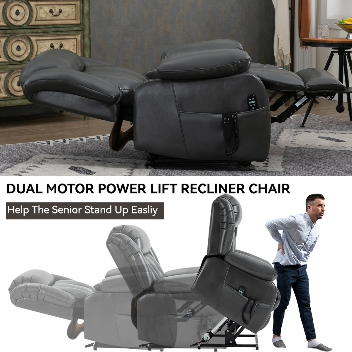 Dual Motor Electric Recliner Chair with Massage and Heat - Leatheraire