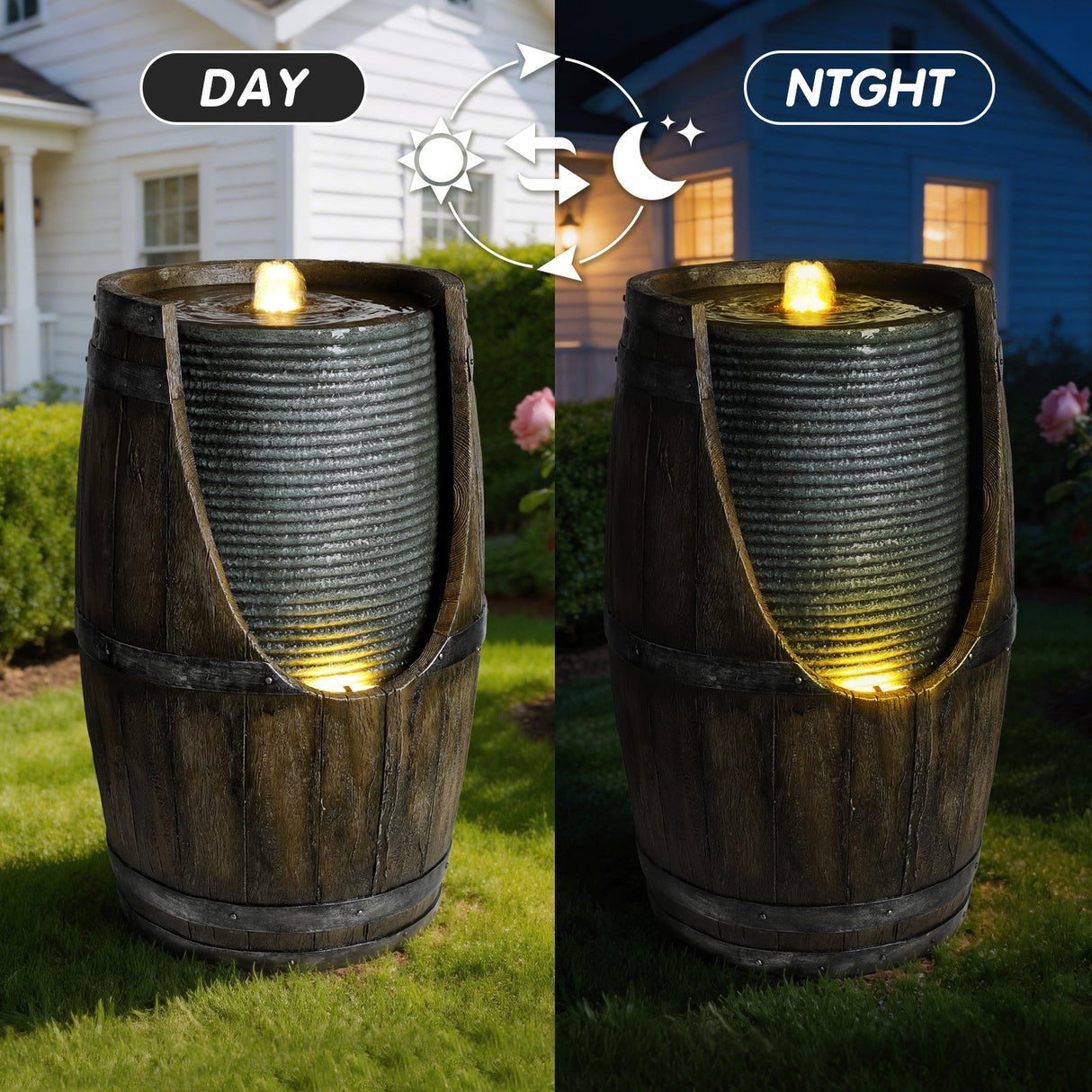 Wooden Barrel Style Outdoor Water Fountain with Lights Resin Rustic Garden Waterfall Decor for Patio Porch Yard