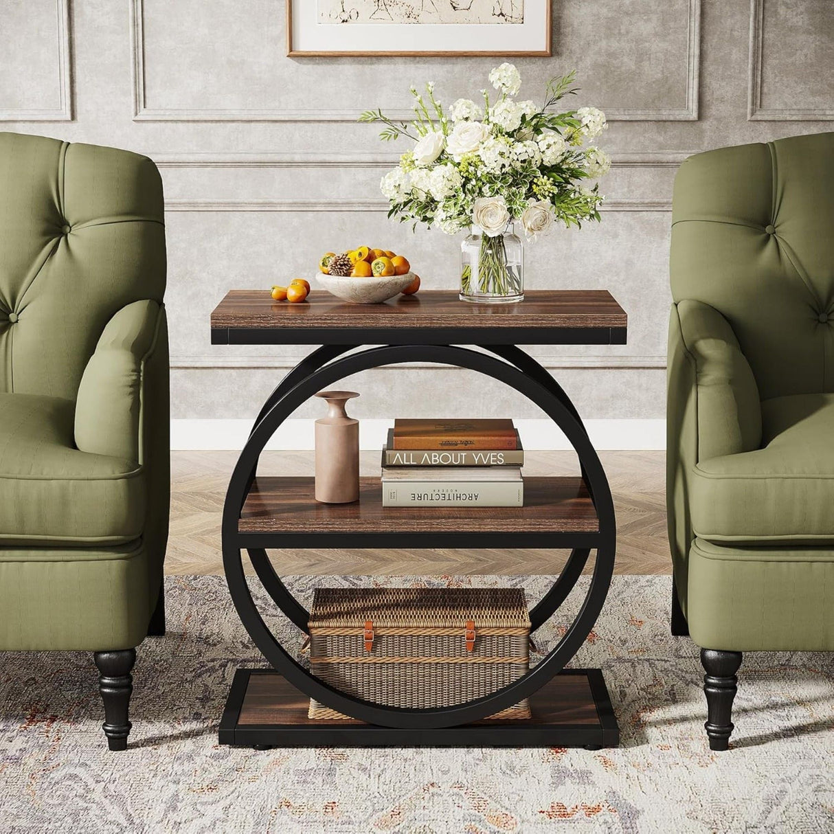 Slim End Tables With 3 Shelves, Compact (Set of 2) - Brown