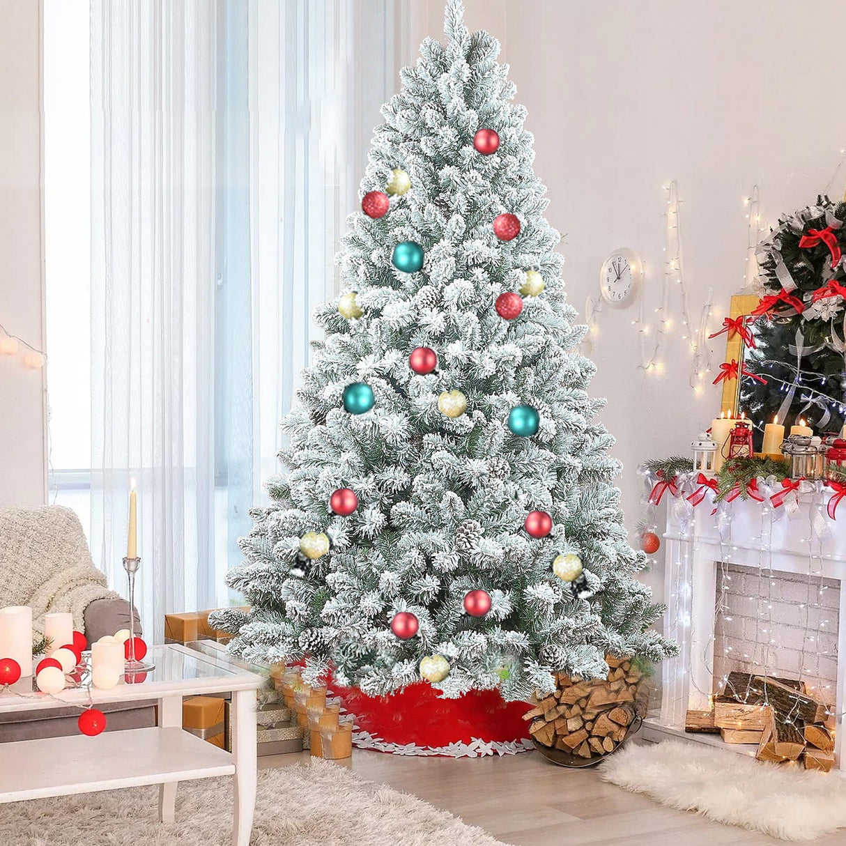 7FT Flocked Christmas Tree with Pine Cones