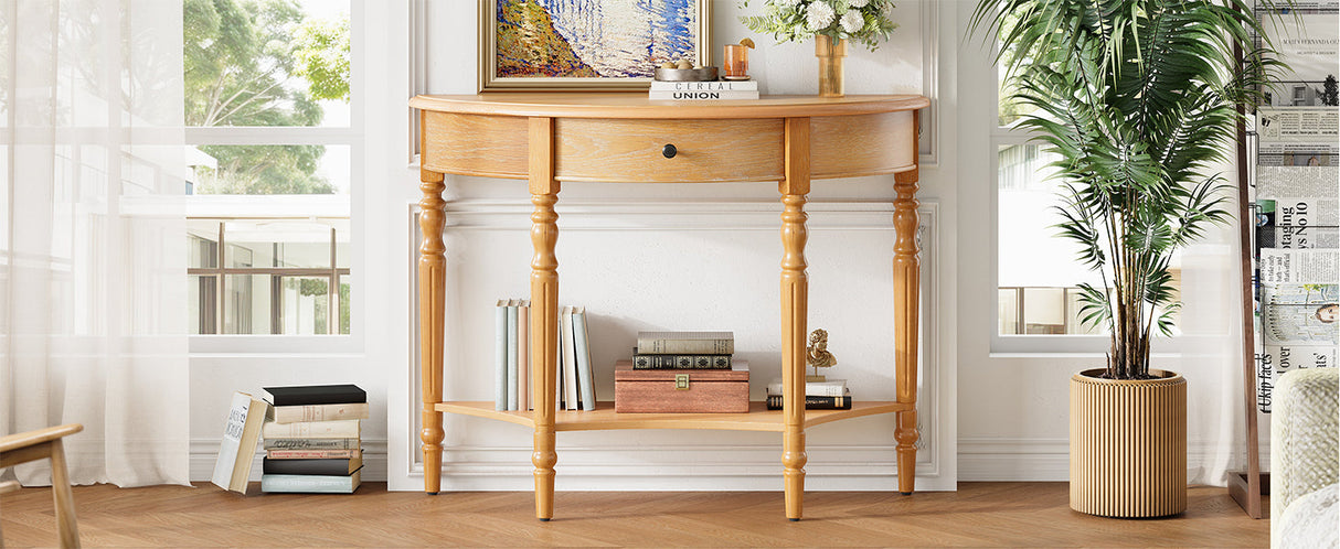 TREXM Farmhouse Half Moon Console Table with Drawer & Shelf