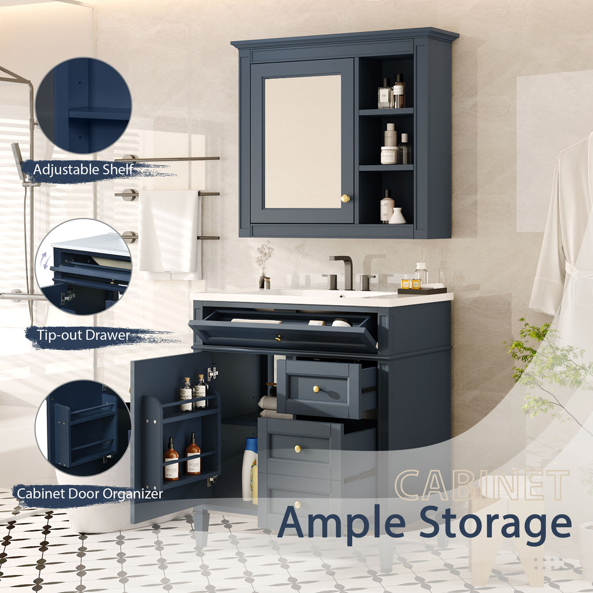 Bathroom Vanity With Top Sink, 2 Doors And 3 Drawers, Freestanding Set With Mirror Cabinet
