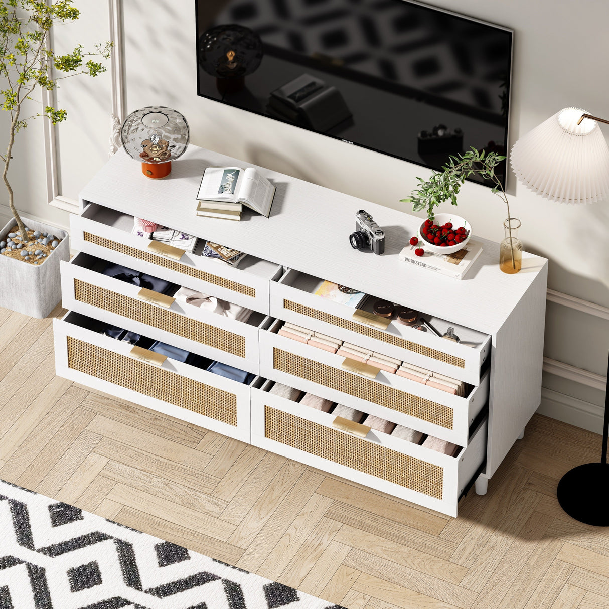 White Rattan Dresser with 6 Drawers, Metal Handles & Wood Legs