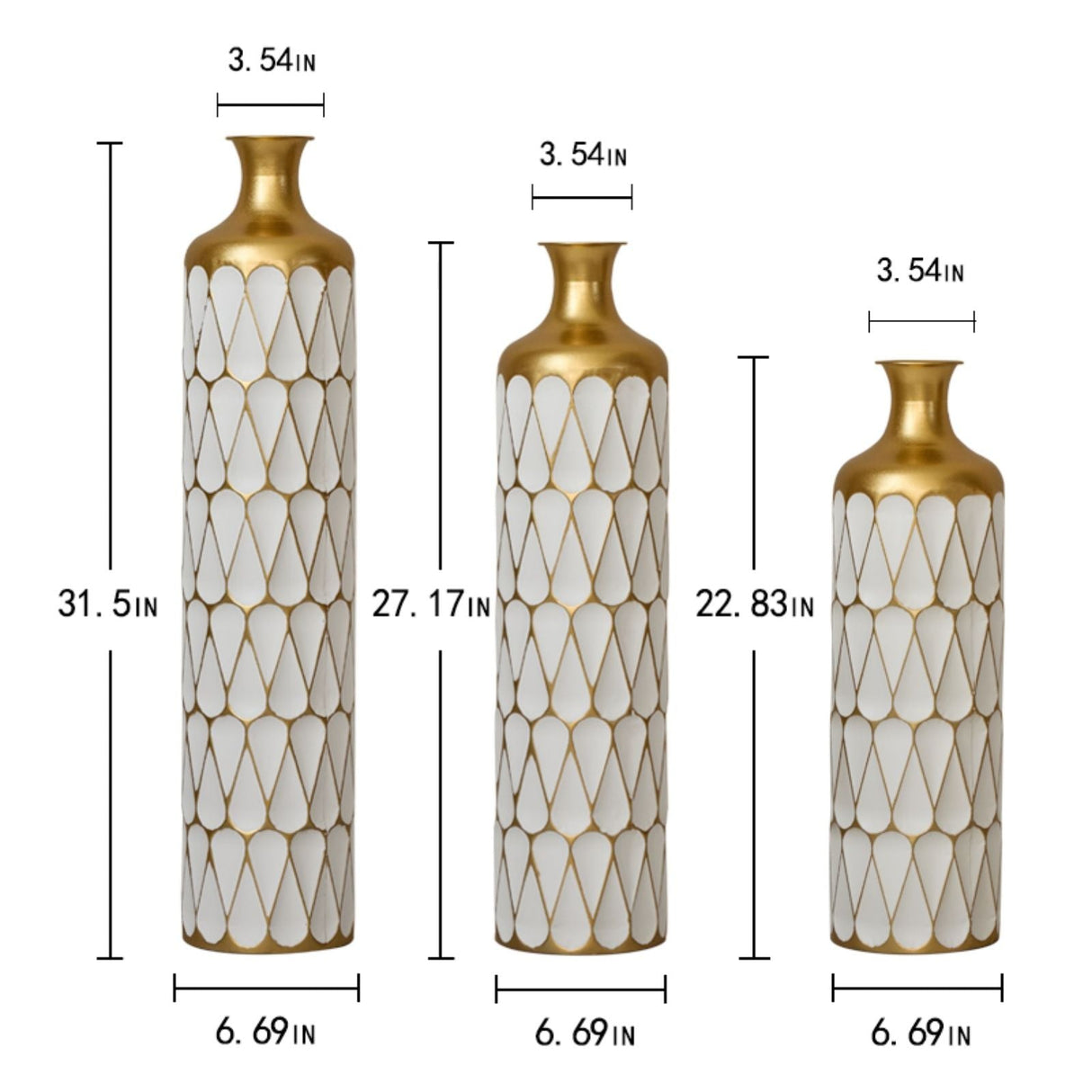 Floor Metal Vase Modern Style Decoration Home Droplet Shaped Metal Vase 3 Piece Set Gorgeous Home Decoration Large Glazed Metal Vase - Gold / White