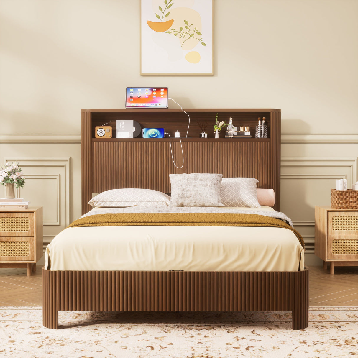 Full Extra Long Bed Frame with Storage Headboard
