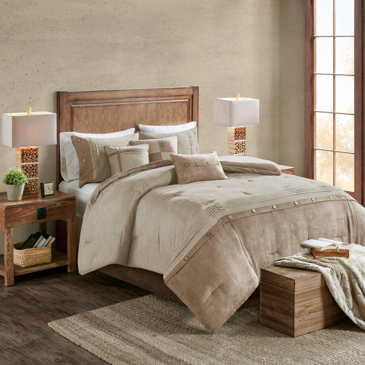Tan Faux Suede Comforter Set with Lodge Cabin Style - Queen