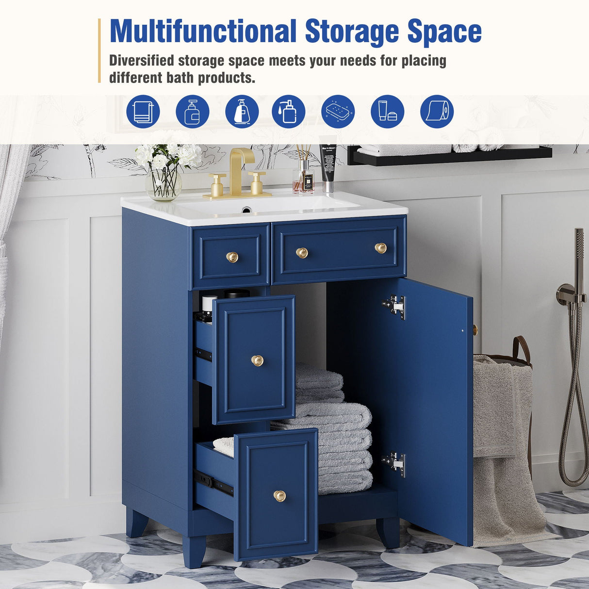 Transitional Style Bathroom Vanity Cabinet With Ceramic Sink