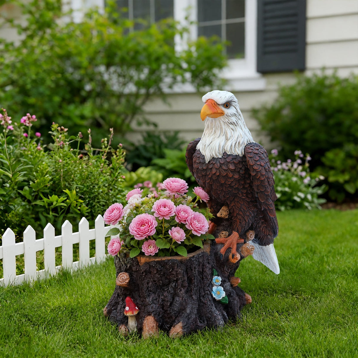 Realistic Standing Eagle Garden Planter on Tree Stump