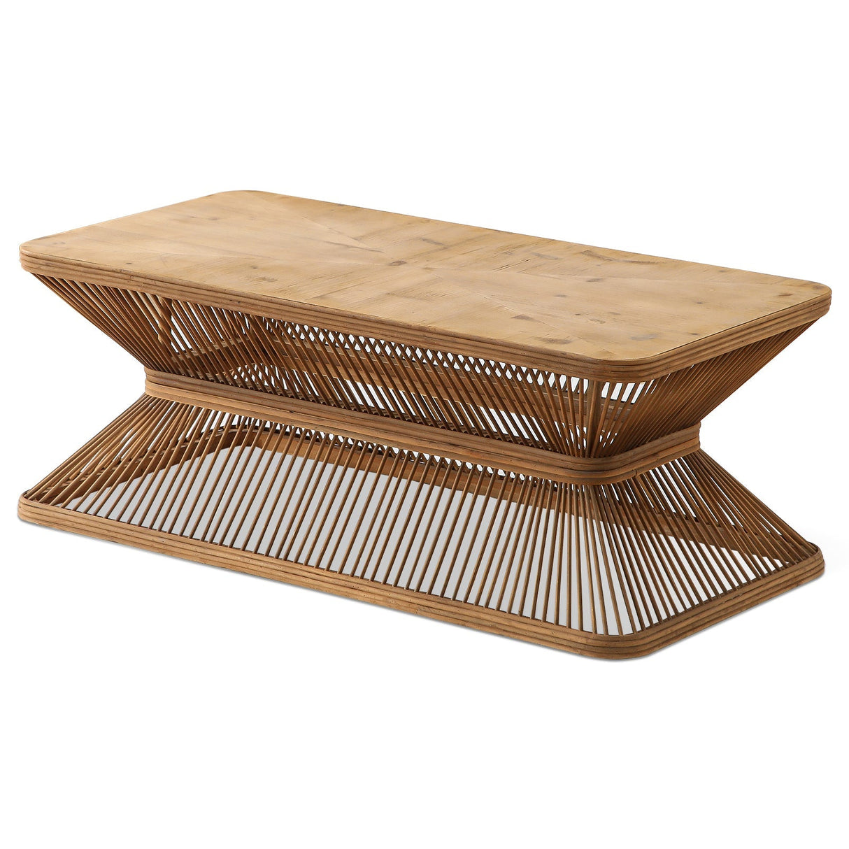 Mid-Century Modern Coffee Table with Woven Bamboo Base