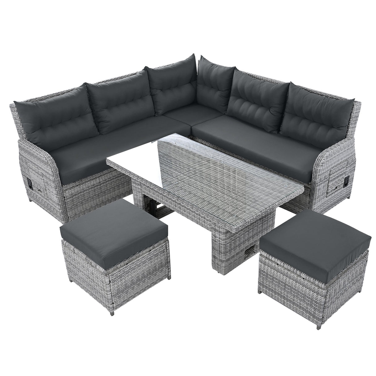 Outdoor Furniture Set Patio Rattan Furniture with Adjustable Table, Recliners, Side Tables, Ottomans