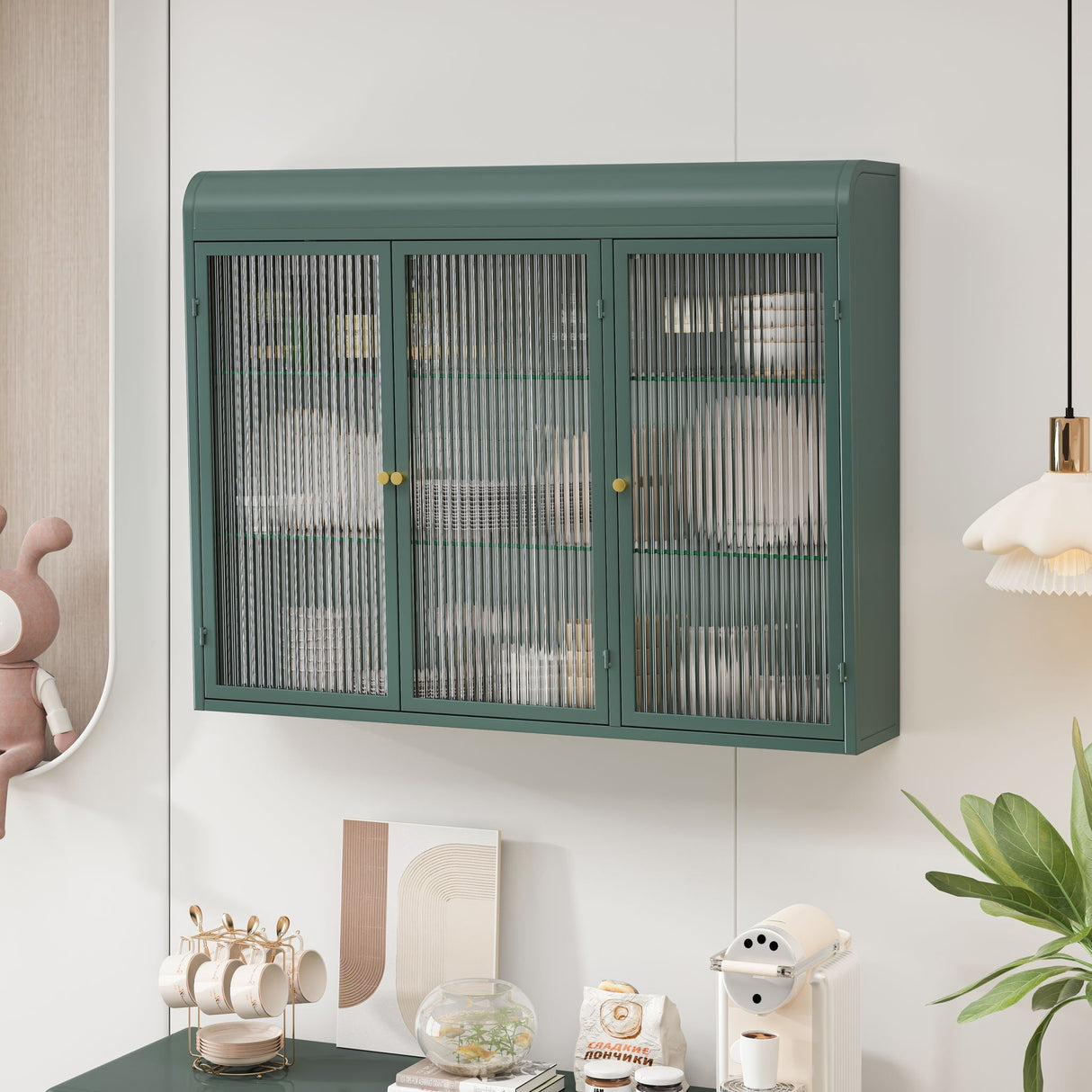 Arched Wall Mounted Cabinet, 3 Door Storage For Kitchen - Dark Green