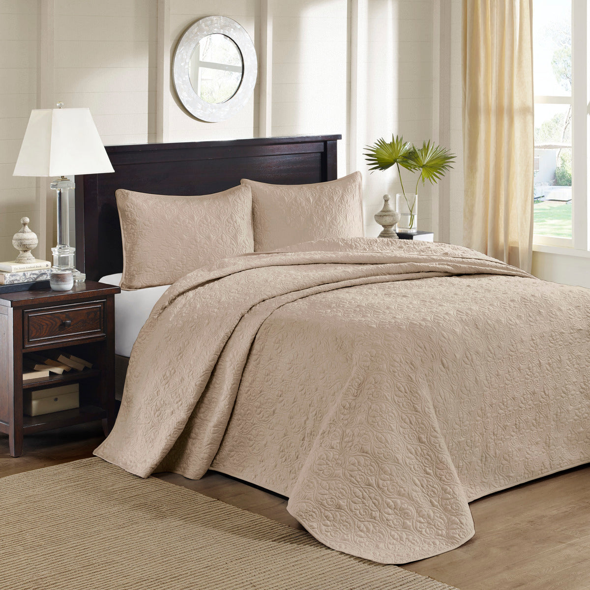 Reversible Quilt Set with Antimicrobial Cotton Filling - Khaki King/Cal King