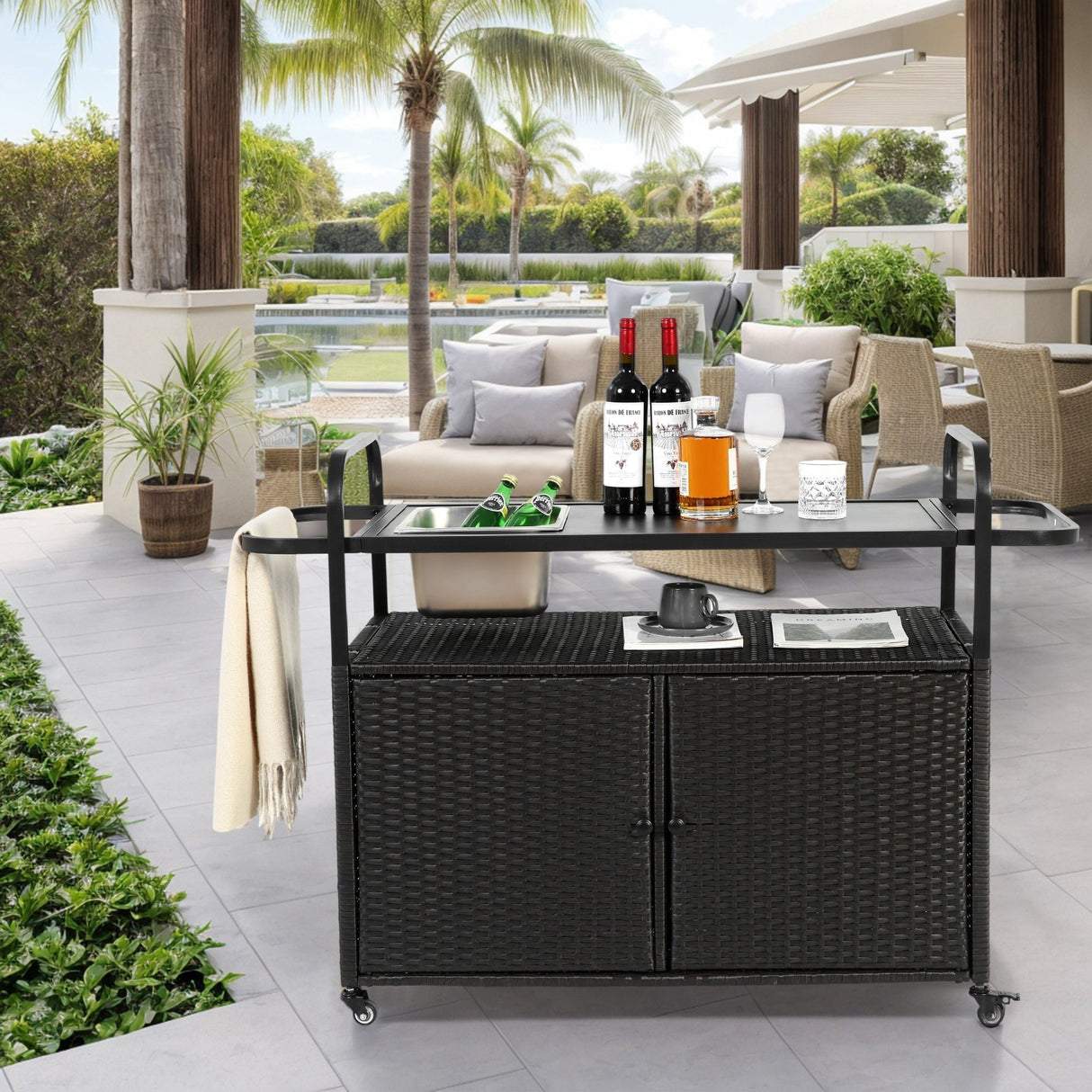Outdoor Bar Table with Wicker Bar Cart and Steel Top