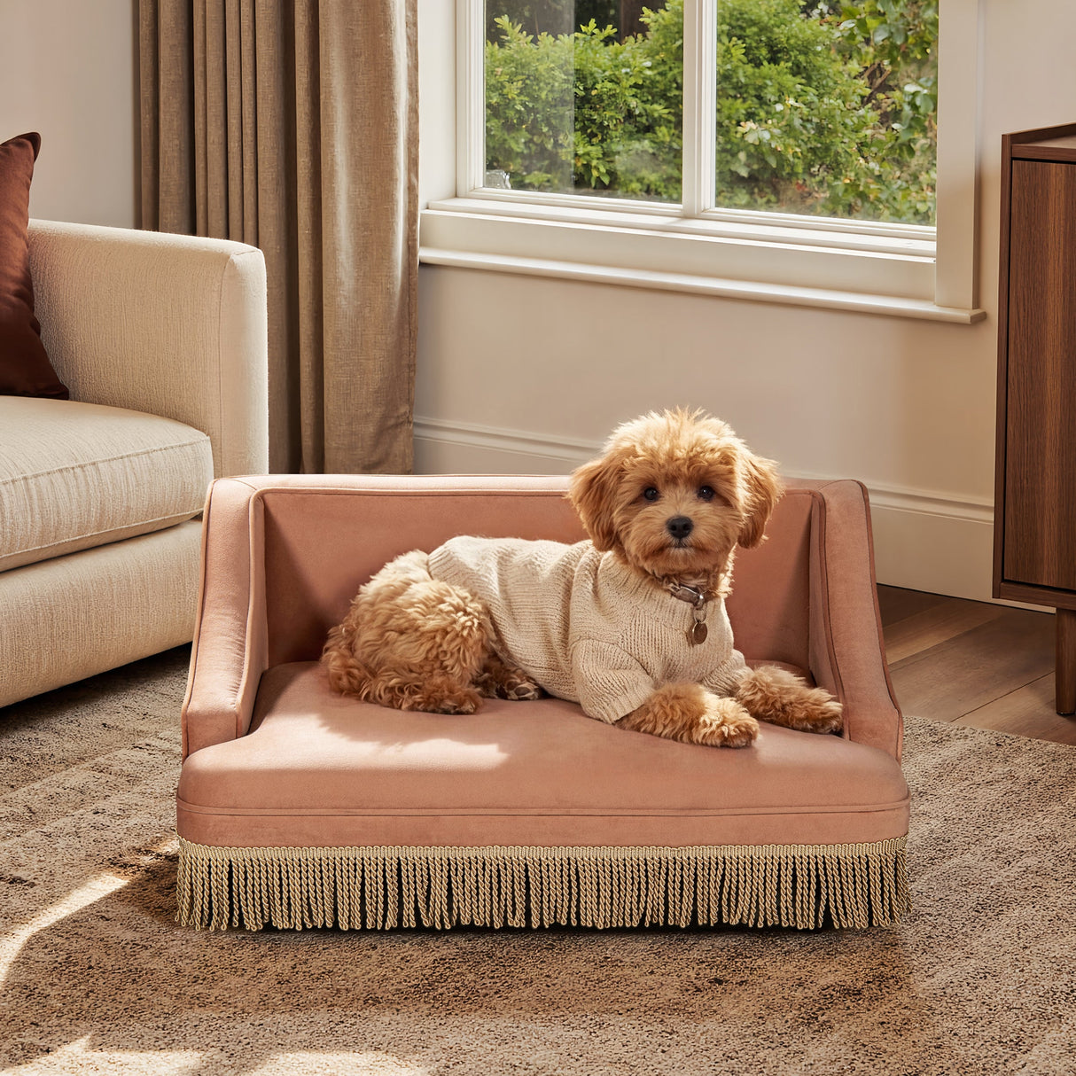 Duchess 33' Medium Princess Pet Bed Sofa with Fringe Skirt, Peach Orange Performance Velvet