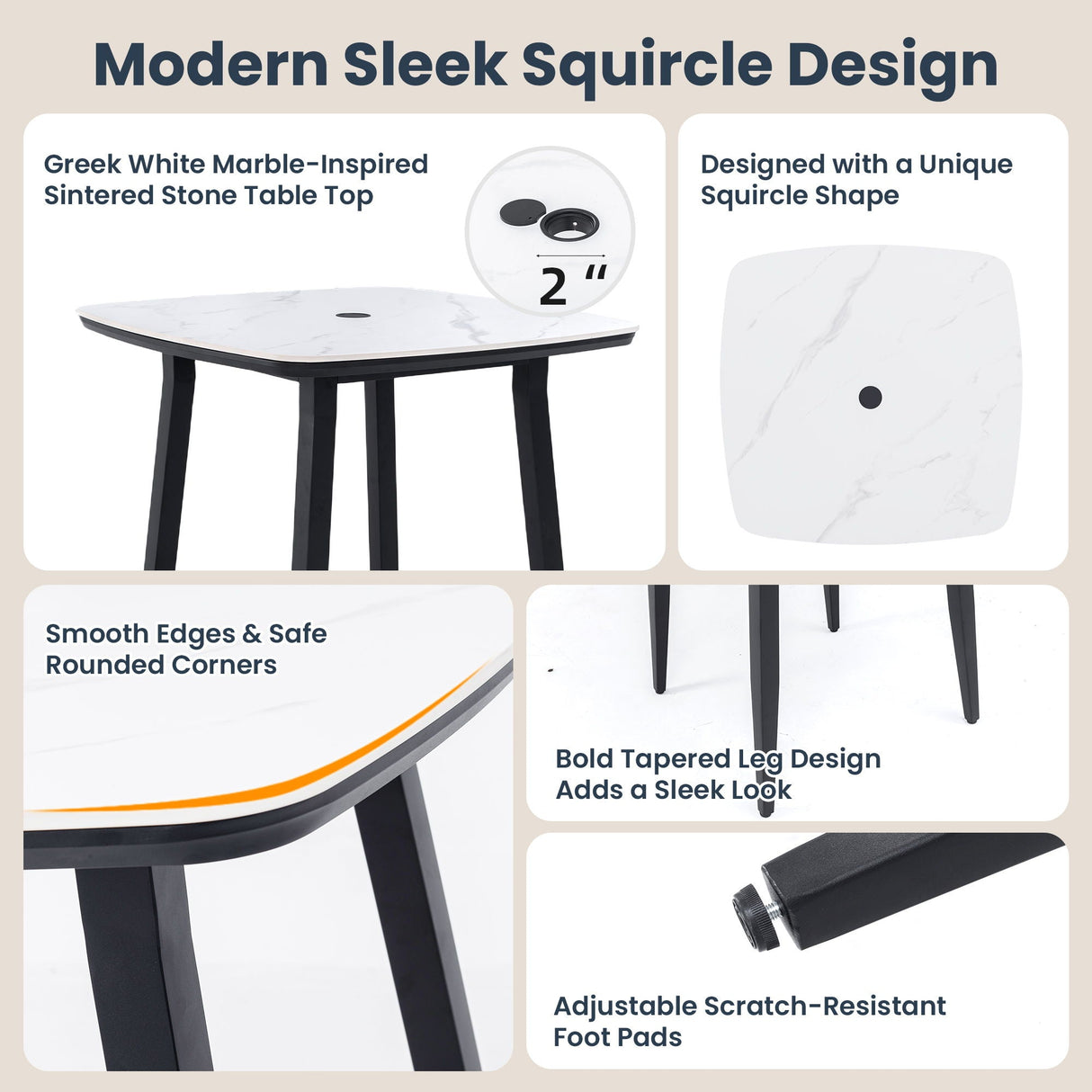 5 Pieces Outdoor Patio Bar Set, Rounded Square Sintered Stone Table & 4 Swivel Bar Chairs