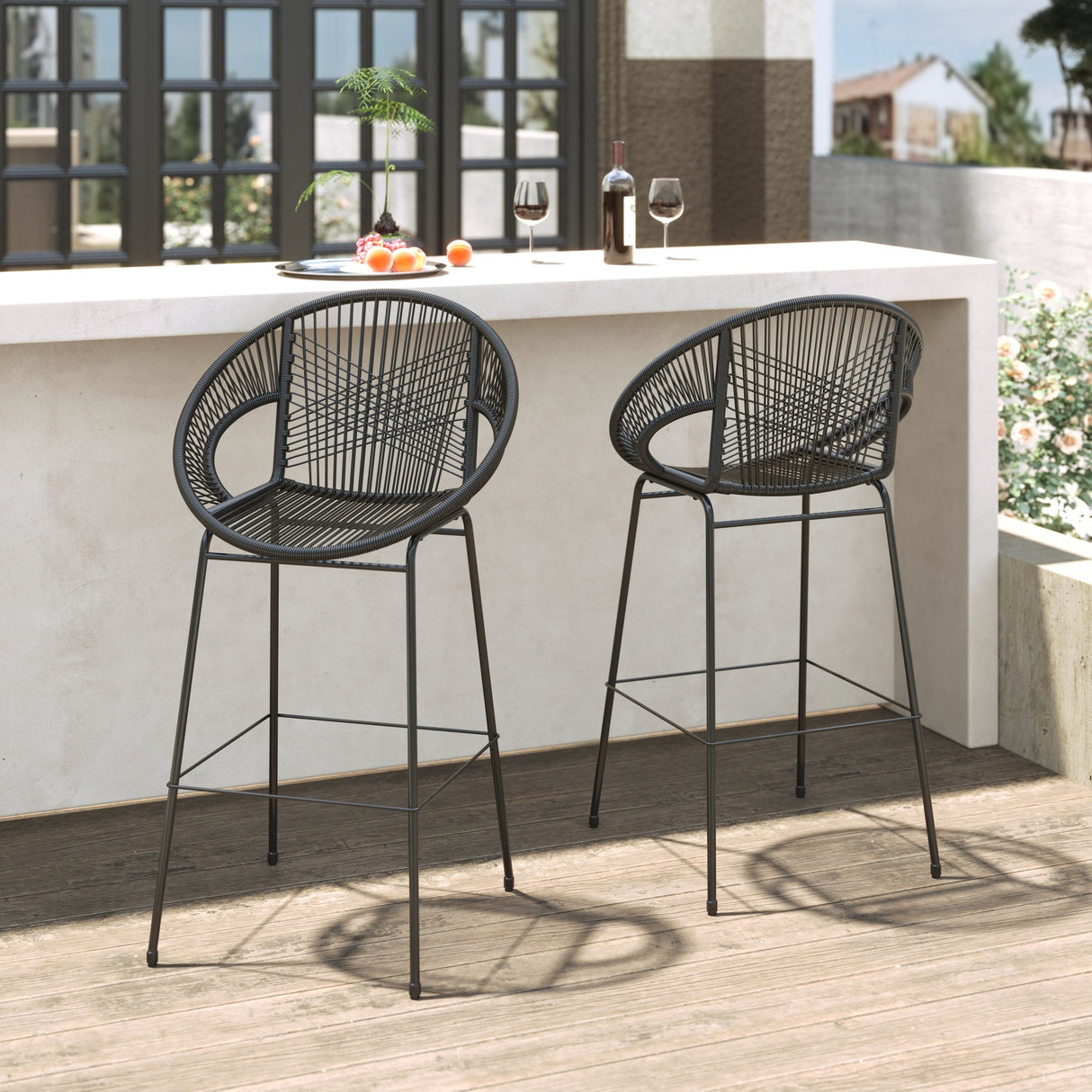 Ferrara Outdoor Patio Barstool Set of 2 - Black Faux Wicker PE Rattan with Iron Frame