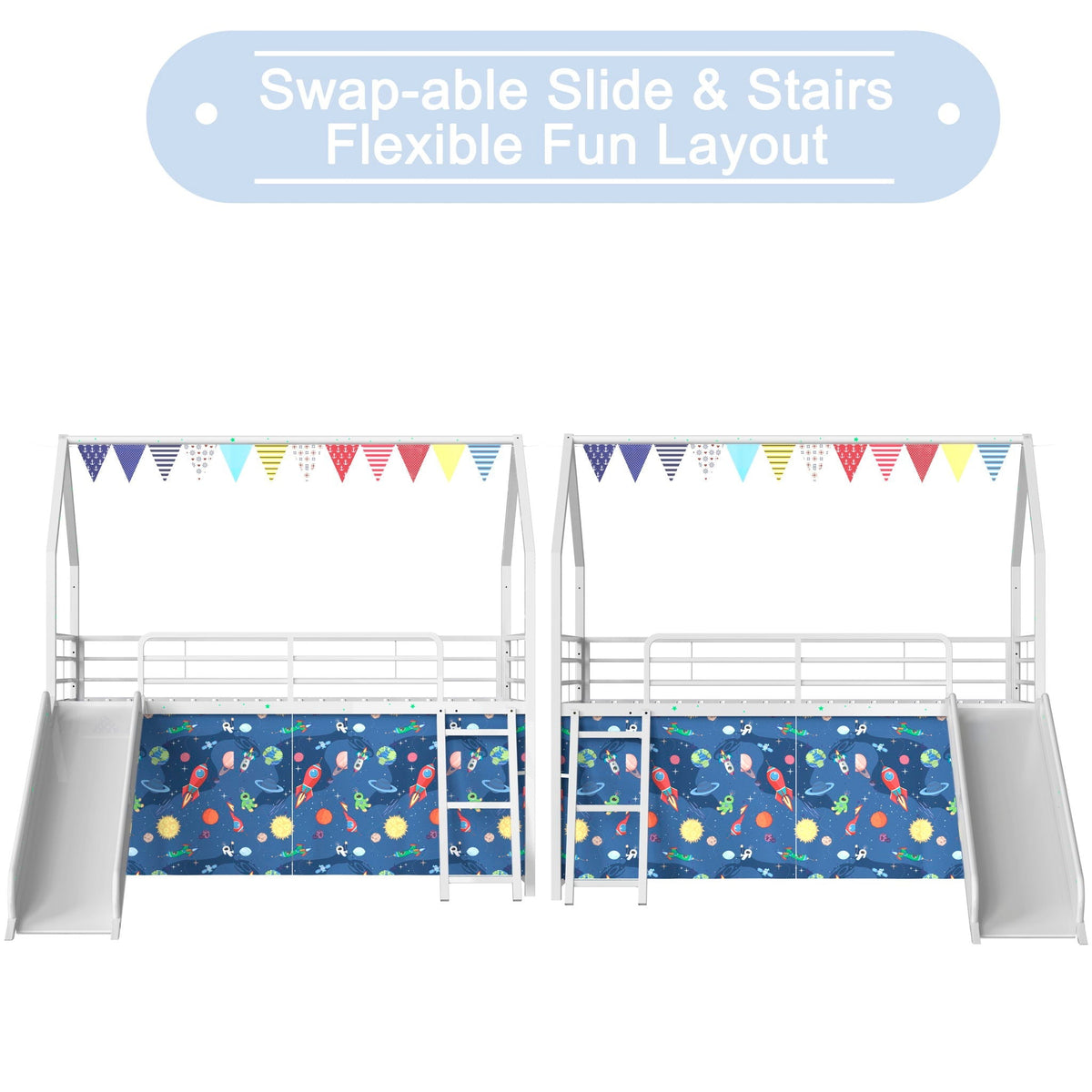 Jack - House Loft Bed With Slide And Curtain Set