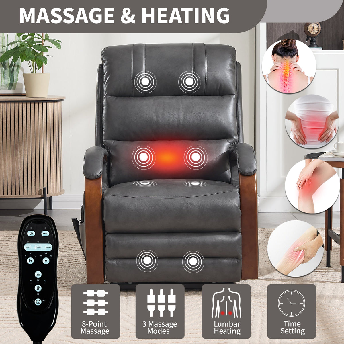 Power Dark Recliner Chair with Massage & Lift - Faux Leather