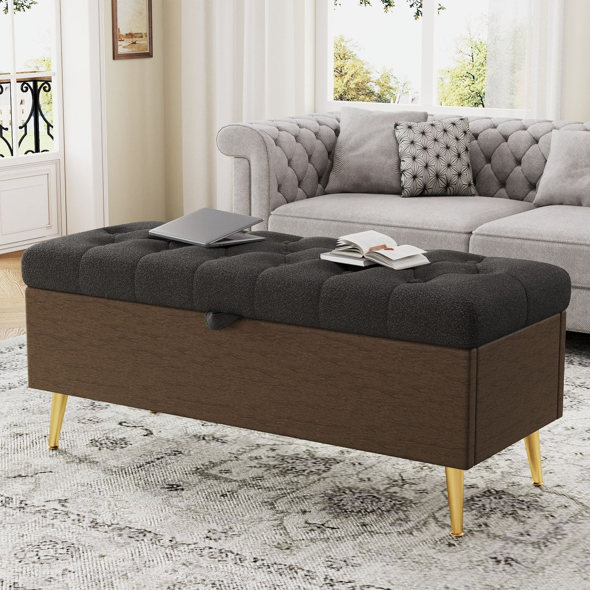 Modern Tufted Storage Ottoman Bench with Metal Legs - Bouclé Fabric