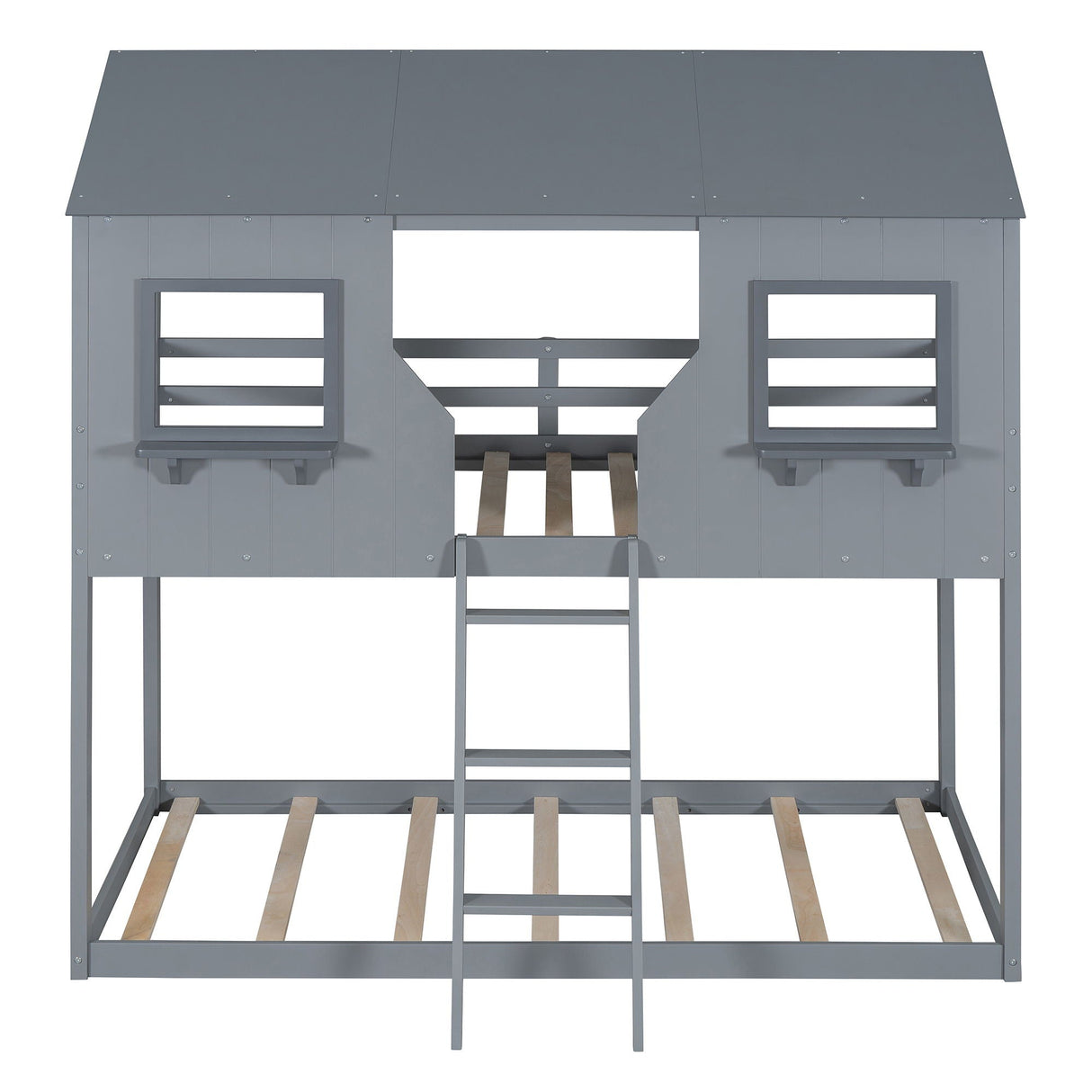 Twin Over Twin Bunk Bed With Roof, Window, Guardrail, Ladder